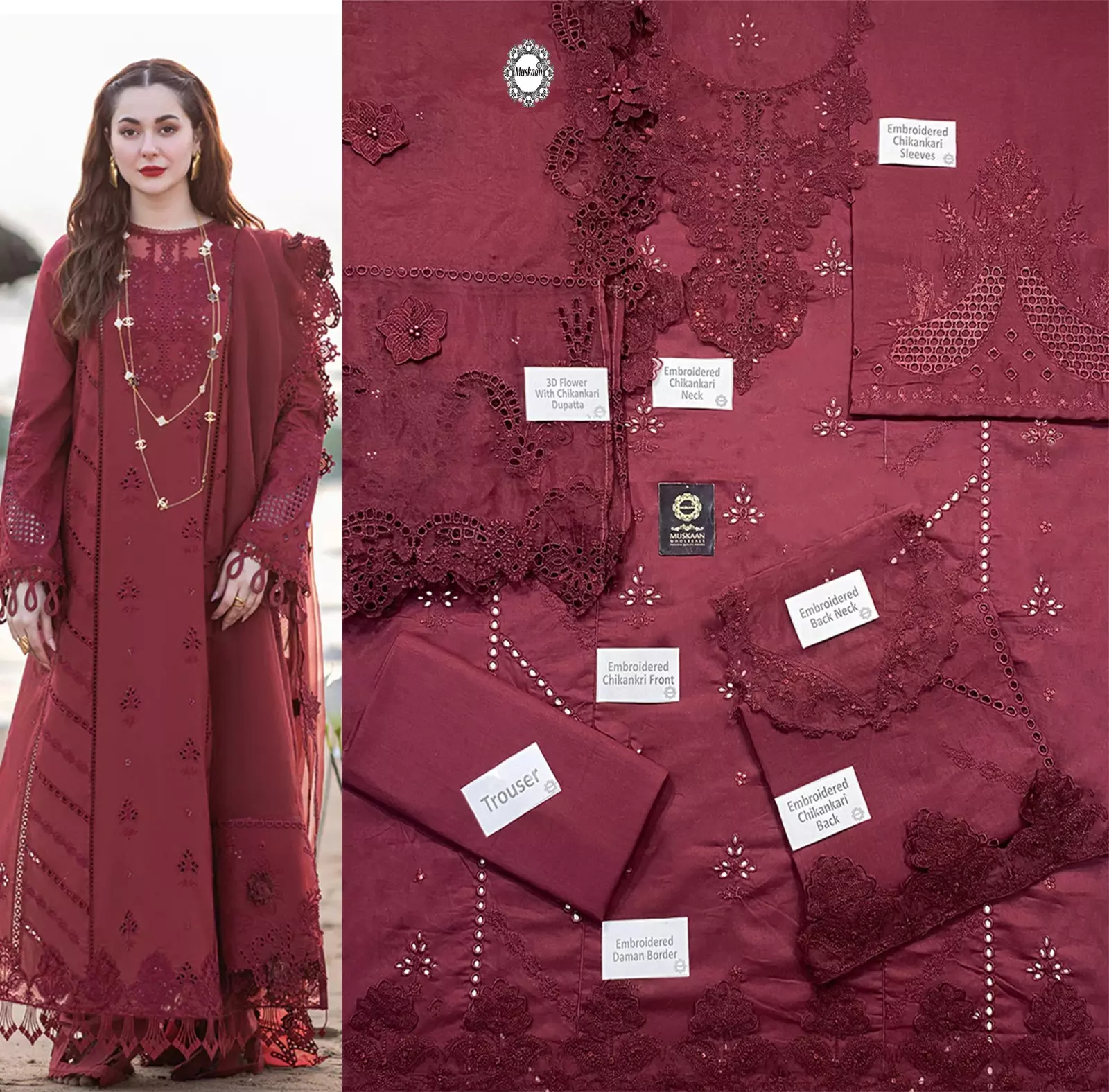 Embroidered Chikankari Luxury Lawn Maroon Dress