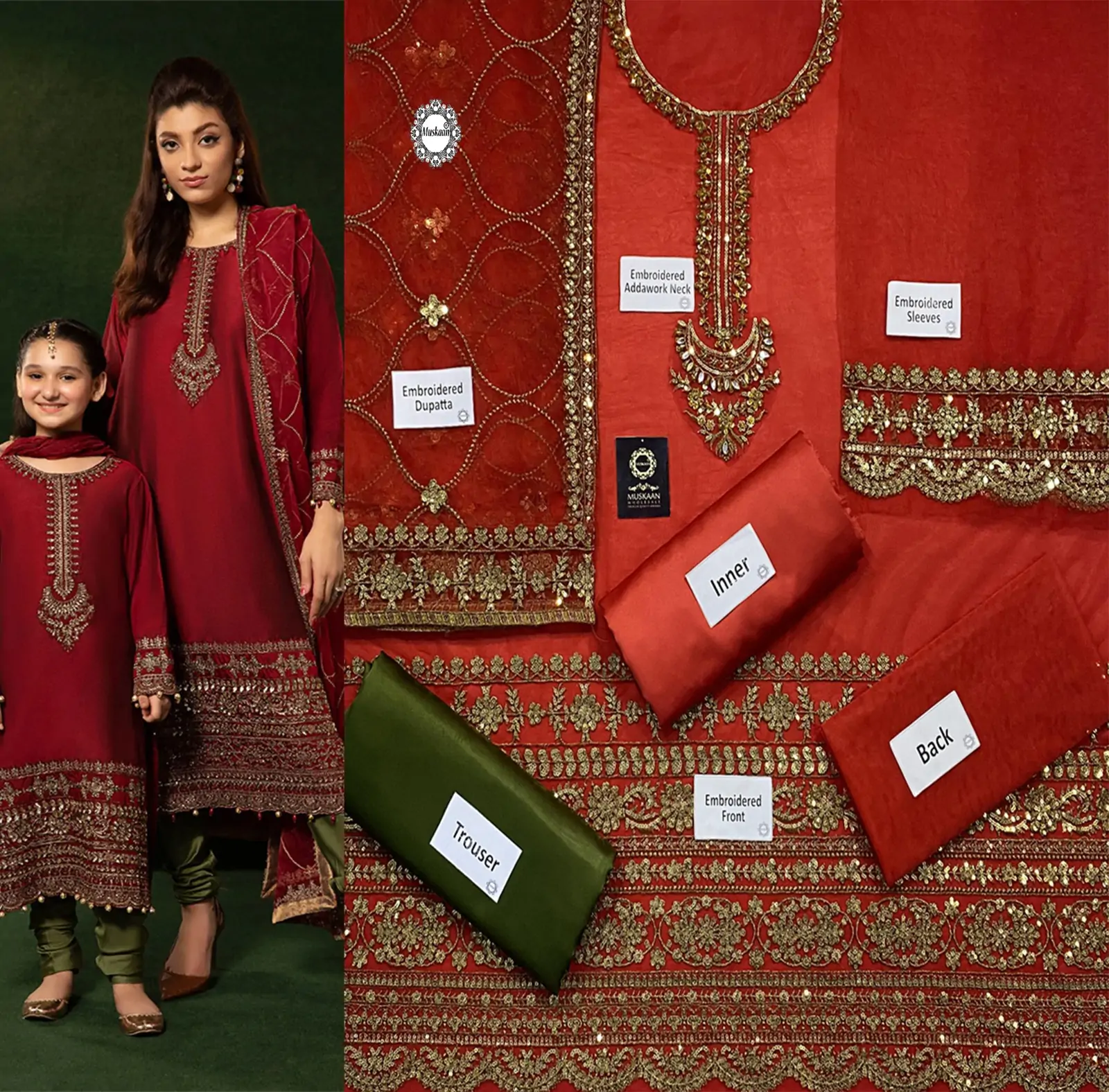 Red Embroidered Wedding Dress With Silk Trouser